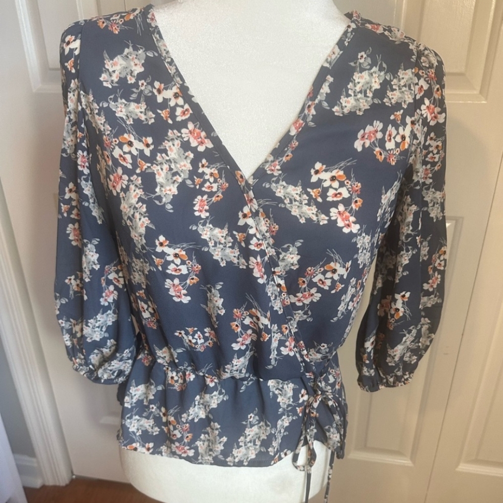 Sienna Sky Blue and White Wrap Blouse with Tie Front